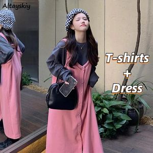 Gömlekler Setler Kadınlar Örme Spagetti Strap Elbise İhale Sokak Giyim Moda Sonbahar Tembel Uzun Kollu Katı Tshirts Temel Oneck Sweet Ins