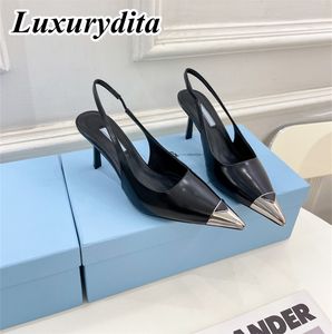 Högkvalitativ designer Womens High Heels Luxury Dinner Läder Sandaler Fashion Design Casual Muller Shoes Office Girl Bar Shoes For Ladys Triangle Heel YMPR 0063