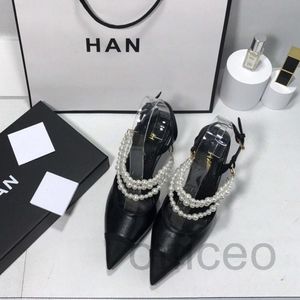 Pearl chain kitten heel sandals leather color matching luxury womens designer shoes