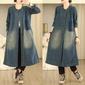 Abrigos de trinchera para mujer Primavera y otoño Ocio Manga larga Chaqueta de mezclilla Vestido para mujeres 2024 Moda Vintage Roun Cuello Jeans Cortavientos