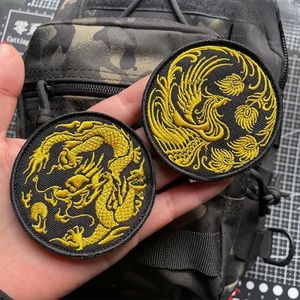 Key Rings 3D Embroidered Dragon and Phoenix Morale Badgees Personalized Backpack Patch Fabric Sticker Round Patches for ClothJacket J240108