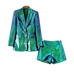 Women's Two Piece Pants Dark green two color sequins BLING Blazer shorts fashion two-piece dress pants 0108