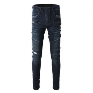 Mens Designer Calças Jeans Roxo Amris Azul Escuro Marca de Moda Multi Bolso Slim Fit Elástico Motocicleta High Street Skinny Jeans # 1099