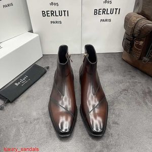 BERLUTI Leather Boots New Men's Calf Leather Hand Polished Martin Boots British Gentleman Goodyear Chelsea Leather Boots HBNV