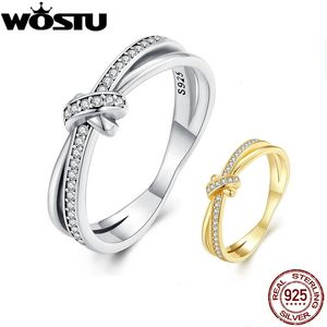 Wostu Real 925 Sterling Silver Vintage Knot Band Rings for Women Retro Clear CZ Wedding Ring Bezel Fine Jewelry Gift CQR896 240106