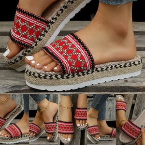 designer slides 2024 New Ethnic Style Large Size Womens mule Thick Bottom Fish Mouth Hemp Rope Candy Color Slippers Manufacturer Wholesale Eur 35-43