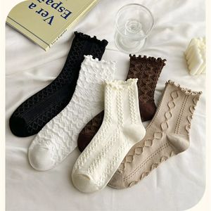 Ruffle Socks for Women 5Pair /Lot Wood Ear Spets Mid Crew Middle Tube Ankle High Breattable Black White Calcetines Female S 240108