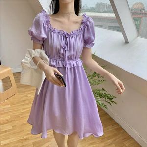 Party Dresses Wood Dress Korean Women's Summer Midjan och Thin Shirring Square Neck Puff Sleeve Ruffled Mini Short Solid Color