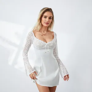 Casual Dresses Lace Tie-Up Sweetheart Neckline Long Sleeve Dress Spring Fall Fashion Backless Women Mini Bodycon