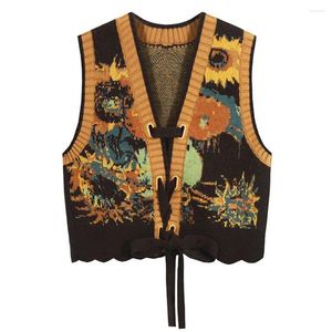 Women's Knits Autumn And Winter Knitted Vest For Women Early V-neck National Wind V Sunflower Sweater Top