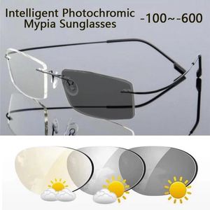 Sonnenbrillen Photochrome Myopie-Sonnenbrillen Ultraleichte Memory-Titan-Randlose quadratische Kurzsichtigkeitsbrillen Kurzsichtige verschreibungspflichtige Gafas