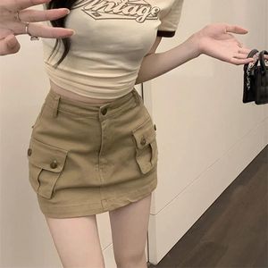 Skirts Vintage Khaki Denim Women High Waist Korean Mini Skirt Jeans Bodycorn Casual Pockets Buttons Haruku Shorts Y2k