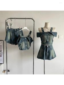 Work Dresses Women Denim Skirt Suits Vintage High Waist A-Line Mini Jean And Long Sleeve Cowboy Crop Top 90s Y2k 2000s Clothes