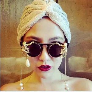 Sunglasses Lady Metal Gold Monkey Baroque Sunglasses Women Brand Metal Leopard Frame Beach Metal 2020 Chain Pearl Sun Glasses Oculos De Sol