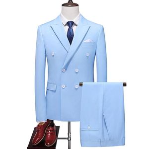 Jackets 2022 Fashion New Men's Business Double Breasted Solid Color Suit Coat / Male Slim Wedding 2 Pieces Blazers Jacket Pants Trousers