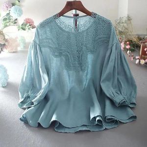 Blusa tamanho grande algodão e linho camisa feminina 2022 verão novo design de moda coreana renda costura solta casual lanterna manga topo