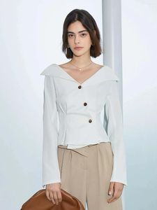 Blusas femininas ael senhora moda elegante assimétrico topo sólido botão frontal plissado detalhe camisa chique decote em v blusa de manga longa