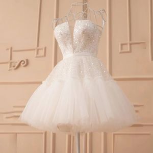 Moda novo vestido de casamento curto para mulher querida pescoço mini tule festa de noiva cresce lantejoulas pérolas acima do joelho a linha vestidos de novia