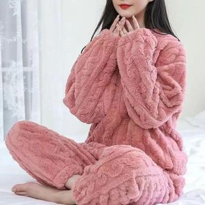 여성용 잠자기 1 세트 잠옷 2 피스 따뜻한 플러시 풀오버 및 가을 겨울 홈웨어 옷을위한 바지