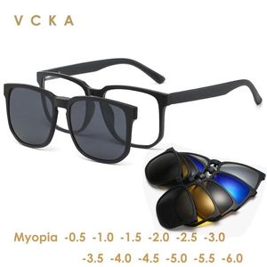 Sunglasses Vcka Retro 5+1 Polarized Myopia Clip Sunglasses Eyeglasses Frame Men Women Five Magnet Set Mirror 0 1 1.5 2 2.5 3 3.5 4.