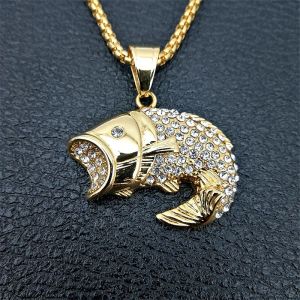 Halskette Moissanit-Kette Hip Hop Ice Out Bling Fisch Anhänger Halsketten für Frauen/Männer Goldene Farbe 14k Gelbgold Tierschmuck Niedlich