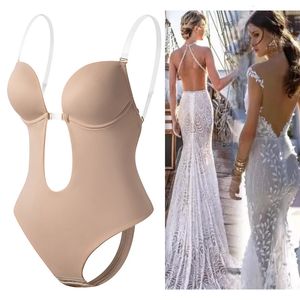 Invisible Shaper Bra Sexy Bodysuit Corset Backless Deep V-Neck U Plunge thong midjetränare Clear Strap Padded Push Up Shapewear 240108