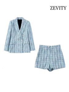 Zevity Women Fashion Tweed Double Breasted Blazer Coat and High midje Zipper Fly Shorts Female Two Piece Set Mujer 240109