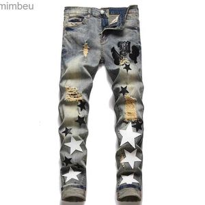 Erkek kot pantolon ışık lüks streç mavi jeansstars nakış dekorları slim fit jeanshole yırtılmış rahat jeansyouth seksi serin st; l240109