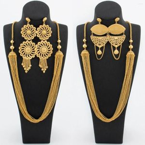 Necklace Earrings Set Luxury Jewelry For Women Large With Chain Dubai Ethiopian Flower Long And Bride