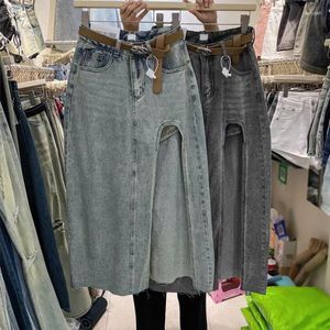 Röcke Frauen Vorne Schlitz Blau Denim Rock Taschen Hoher Taille Schlank Zipper Midi Jeans 2024 Weibliche Casual Streetwear P1230