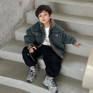 Trousers Boy Pant 2024 Winter Baby Thickened Fleece Cargo Overalls Snowflake Velvet Austenite Clothes Solid Cuffed Loose Pants