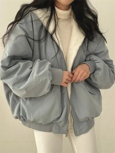 Vinter förtjockar varm parka överdimensionerad kawaii dubbelsidig huva kappa damer koreanska mode casual lös zip up jackor 240108