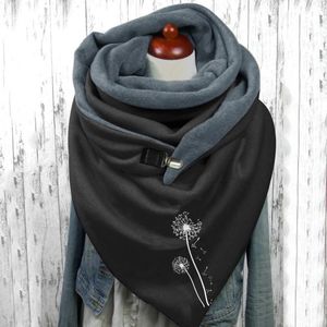 Basker damer Autumn and Winter Fleece Warm Dandelion Print dubbel sömmar Triangel Buckle Scarf Hat Handskar Set Women