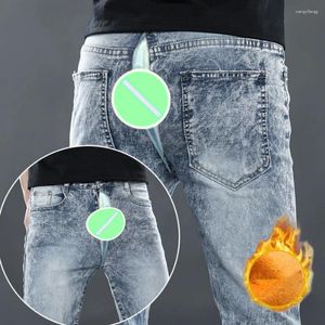 Men's Jeans Open Crotch Outdoor Sex Pants Fleece Lined For Male Winter Warm Mens Skinny Slim Fit Stretch Ripped Denim Trousers