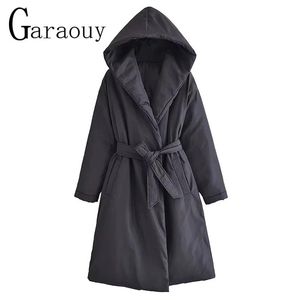 Parka Garaouy 2022 Giacca invernale da donna Cintura con cappuccio Parka Donna Nero oversize Aggiungi cotone caldo Cappotti di media lunghezza Allmatch Soprabito