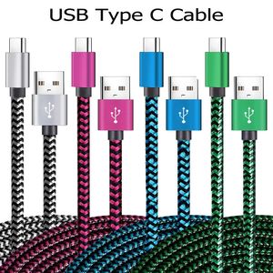 USB Type C -kabel Datum Synkronisering 2.4A Fast 1M 2M 3M Laddning Nylonflätad trådladdningskabel för Samsung Huawei Android Mobiltelefon