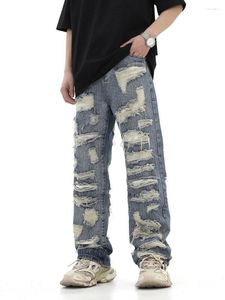 Men's Jeans 2024 American Style High Street Washed Personalized Torn Hole Cut Straight Tube Loose Fitting Versatile For Men And Women