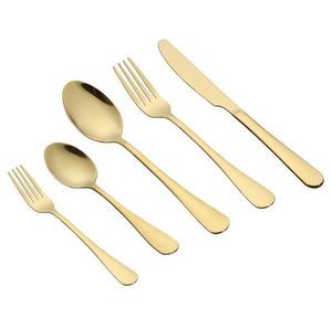 Besteckset aus gold-silbernem Edelstahl in Lebensmittelqualität. Zu den Utensilien gehören ein Messer, eine Gabel und ein Löffel3200455
