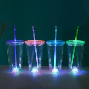 16oz 아크릴 LED 조명 뚜껑과 빨대 스노우 글로브 텀블러 텀블러 더블 벽 투명 플라스틱 텀블러 ZZ