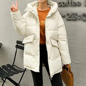 Parkas outono inverno engrossar quente médio longa parka parka feminina casual coloração sólida de bolso grande bolso solto casaco com capuz