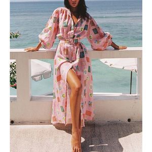 1.9 férias praia rosa linho frutas estampa lanterna manga vestido dividido com peito único feminino com cinto