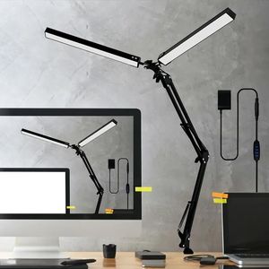 1 Stück 24 W LED-Schreibtischlampe mit zwei Lampenköpfen, aufsteckbare Lese- und Augenschutz-Schreibtischlampe, dimmbare, faltbare Schreibtisch-Schreibtischlampe mit Schwenkarm