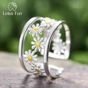 Lotus fun elegante pequena margarida flor anéis ajustáveis para mulheres real 925 prata esterlina original luxo 18k ouro jóias finas 240108