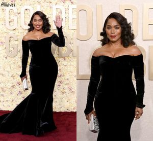 Angela Bassett 2024 Golden Globe Awards Vestidos de celebridades no tapete vermelho clássico veludo preto sereia vestidos de baile formais sexy fora do ombro mangas compridas Vestidos CL3188