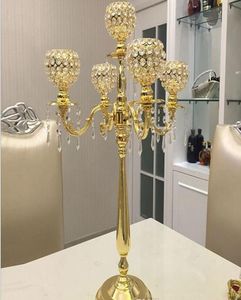 Metallguldljushållare 5arm Crystal Candlestick Wedding Centerpieces Candelabra Stand for Marriage Decoration Dinning Table BE5215143