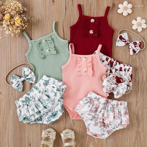 Clothing Sets 0-24 Months Infant Baby Girls Summer Outfits Lovely Sling Bodysuit Tops Floral Ruffle Tutu Shorts Bow Hair 3PCS Girl