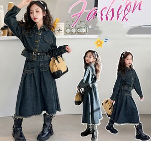 Big Girls Denim Clothes Set Old Kids Lapel Long Sleeve Pu Leather Belt Shirt Tassel kjol 2st 2024 Spring Teenagers Cowboy Outfits Z6594