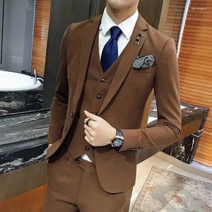 Men's Suits Brown Single Breasted Notch Lapel Elegant 3 Piece Jacket Pants Vest Customized Formal Business Set Ropa Hombre 2024