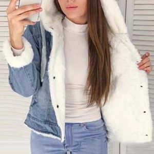 Women's Jackets Nice Women Denim Jacket With Fur Winter Jeans Warm Hooded Velvet Femme Collar Padded Coats Windbreake