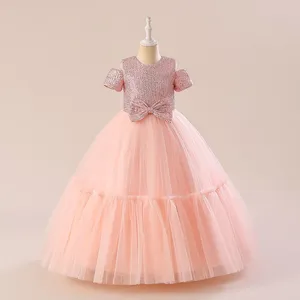 Girl Dresses Ballgown Short Sleeves Pink Sequins Bridesmaid Flower Dress Long Birthday Wedding Prom Gowns Kids Formal Events Costume